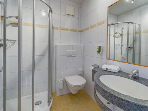 a bathroom with a toilet and a sink and a shower at VÖTTER'S HOTEL in Kaprun - summer card included in Kaprun