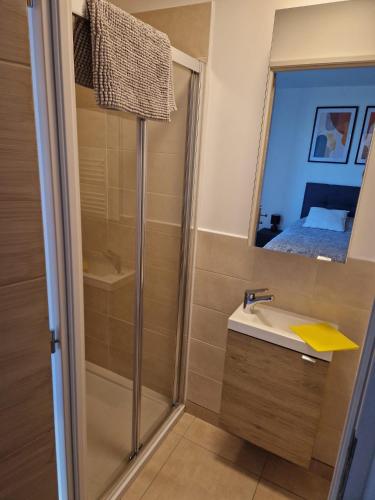 une salle de bain avec une douche, un lavabo et un miroir dans l'établissement Villa climatisée avec Piscine privée, à Volonne