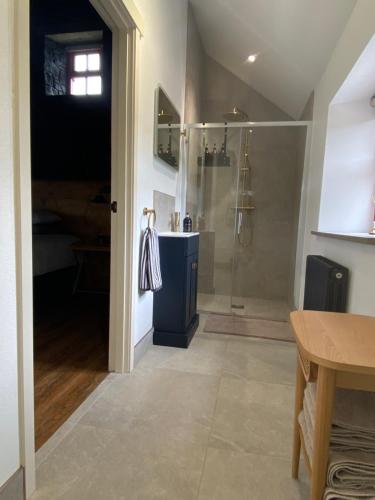 a bathroom with a walk in shower and a sink at Farm Stay at THE GLEBE COTTAGE KILREA in Tamlaght