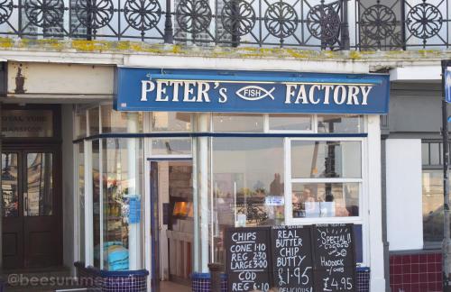 a store with a sign that reads peters factory at Family Seaside Bungalow - Max 6 Adults Only in Margate