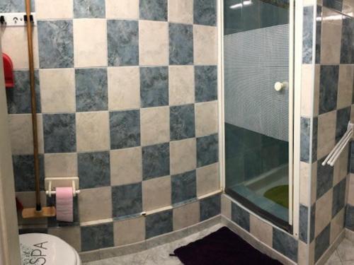 La salle de bains est pourvue d'une douche carrelée et de toilettes. dans l'établissement Pavillon climatisé à Argelès-sur-Mer, 4 pers., proche plages et commerces, parking privé - FR-1-388-6, à Argelès-sur-Mer