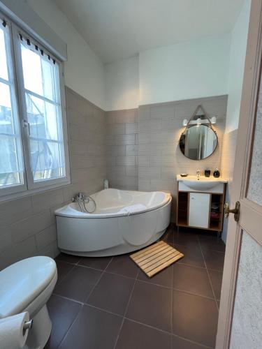 une salle de bain avec une baignoire, des toilettes et un lavabo dans l'établissement Côté Château - Grand appartement au cœur de Blois, à Blois