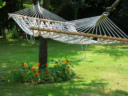 a hammock hanging from a tree in a yard at B&B Le Jardin d'Epicure in Olne