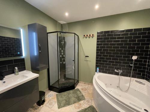 une salle de bain avec une douche, une baignoire et un lavabo dans l'établissement gite du petit bois, à Gémenos