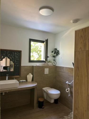 une salle de bain avec toilettes, lavabo et miroir dans l'établissement Villa MOUREZEVA, à Mourèze