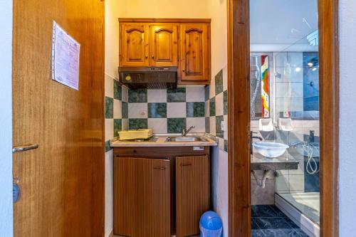 a small kitchen with wooden cabinets and a sink at Guesthouse Papachristou in Tsagarada