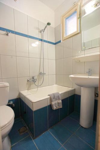 a bathroom with a shower and a sink and a toilet at Theofilos Classic Hotel in Petra