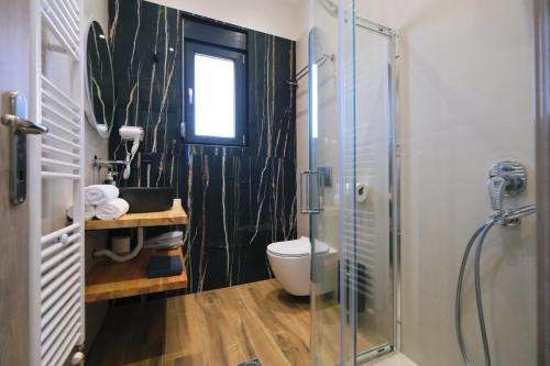 a bathroom with a toilet and a glass shower at Amari Stone Apartments in Moudhros
