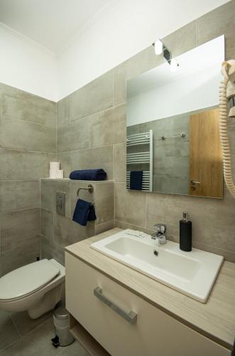 a bathroom with a sink and a toilet and a mirror at Riverside Apartmanház Gyula in Gyula
