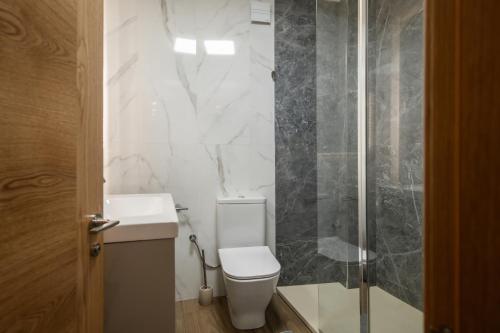 a bathroom with a toilet and a glass shower at Apartamento El Mirador del Puerto in Llanes