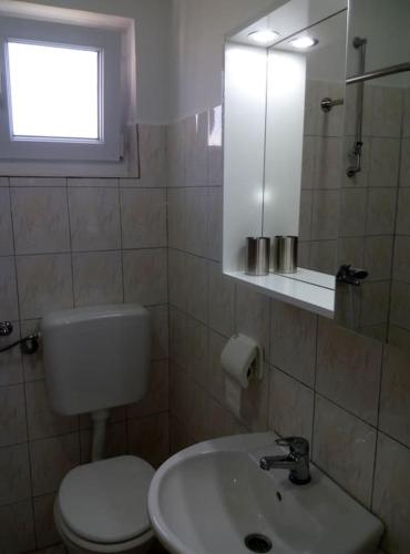 a bathroom with a toilet and a sink and a mirror at Apartman Nela Banjole in Banjole