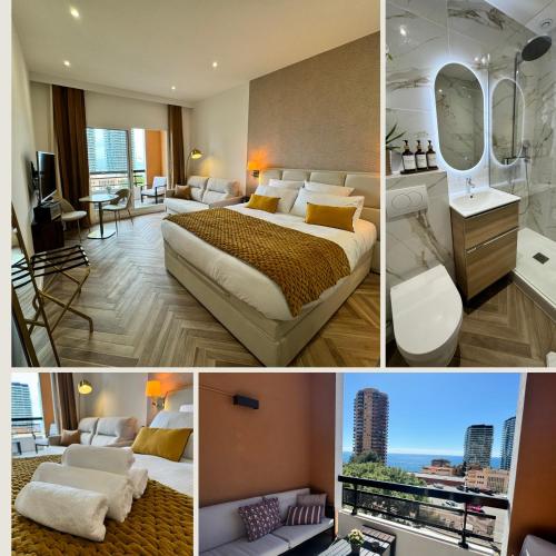 a collage of pictures of a hotel room at MONACO Border LUXURY SUITE - SEA VIEW - POOL in Beausoleil