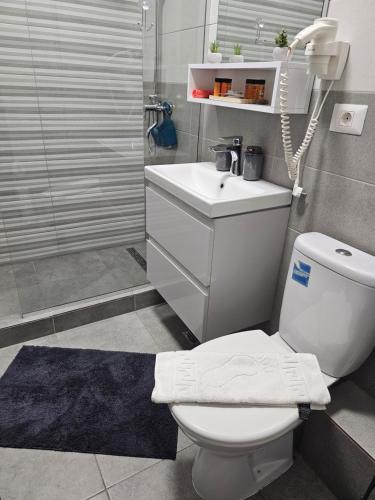 a bathroom with a toilet and a sink and a shower at Summer Crib Mamaia-Sat in Mamaia Nord
