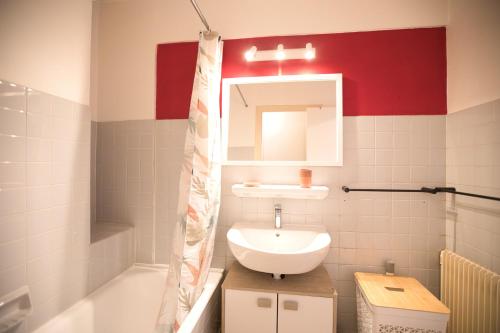 une salle de bain avec un lavabo et un miroir dans l'établissement Le sommet citadin avec vue, à Annecy