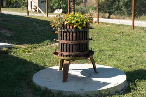 a bird feeder with flowers on it in the grass at Villa la sorgente in Guardia Vomano