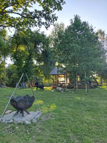 a playground in a park with a swing at Koka namiņš "Pasaka" in Vecumnieki