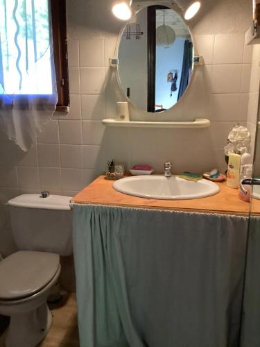 a bathroom with a sink and a toilet and a mirror at Maison de charme à Vachères avec jardin et vue montagne in Vachères
