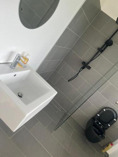 une salle de bain avec un lavabo blanc et des toilettes dans l'établissement Seeblick Bodensee 6 Free parking Free internet, à Bregenz
