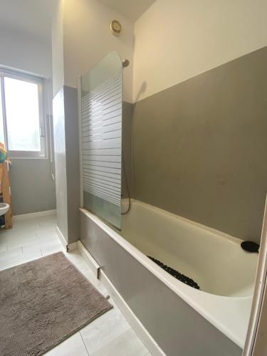 La salle de bains est pourvue d'une baignoire et d'une fenêtre. dans l'établissement Apparemment Bastia, à Bastia