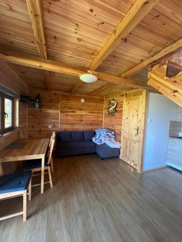 a living room with a blue couch in a wooden room at Domki nad morzem u Sumy in Sztutowo