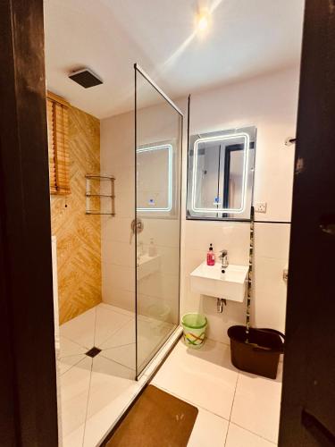 a bathroom with a glass shower and a sink at (A10) Hives Apartment in Lagos