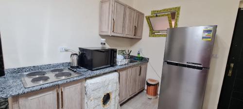 une cuisine avec un réfrigérateur en acier inoxydable et un micro-ondes dans l'établissement شالية في قرية اكوا فيو الساحل الشمالي, à El Qasaba esh Sharqīya