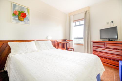 a bedroom with a white bed and a television at VELINN Hotel Ninho do Falcão in Monte Verde