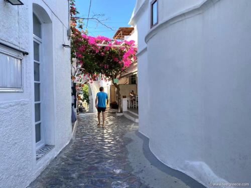 a man walking down a narrow alley with pink flowers at Mary's House 1 in Skiros