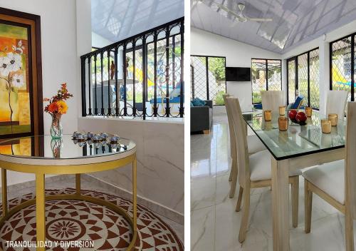 two pictures of a dining room with a table and a dining room at Casa villa con Jacuzzi, tobogán y BBQ in Carmen de Apicalá