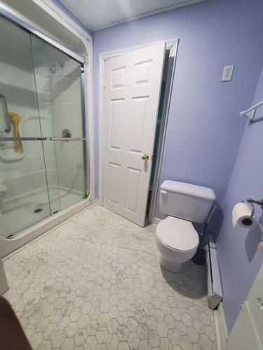 a bathroom with a toilet and a walk in shower at Blue Ocean Family vacation Luxury Suite in Halifax