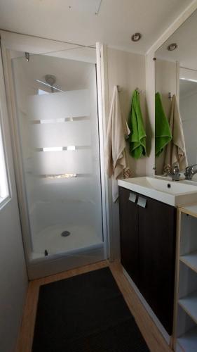 une salle de bain avec une douche, un lavabo et un miroir dans l'établissement camping marvilla les 7 fonds, à Agde