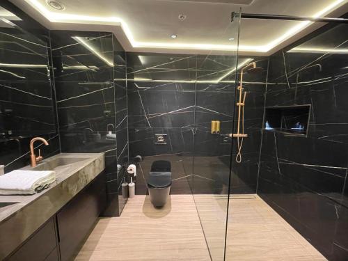 a bathroom with a glass shower and a sink at Tanger Hilton Penthouse 15 in Tangier