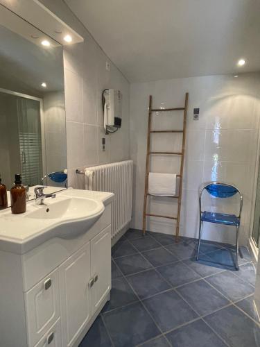 La salle de bains est pourvue d'un lavabo, d'un miroir et d'une échelle. dans l'établissement NEW La ferme fleurie Gîte Les Ogives, à Ploubazlanec