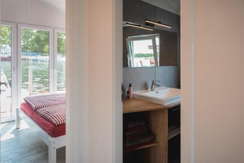 a bathroom with a sink and a mirror at Haus auf dem See Elise, Matheo, Mads, und Jarle in Ferchesar
