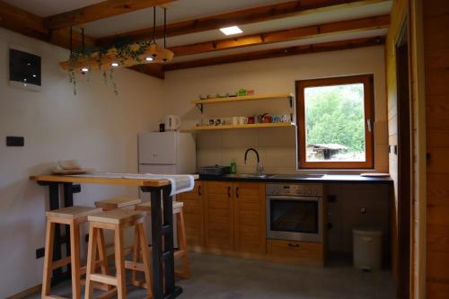 a kitchen with wooden cabinets and a counter top at Guest House Krsmanovic in Mokra Gora