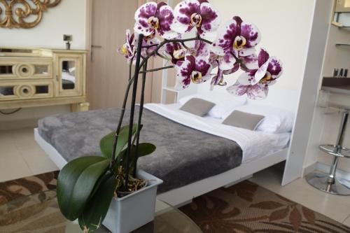a bedroom with a bed with purple flowers on it at Centro de Convenciones CitiBanamex y Polanco in Mexico City