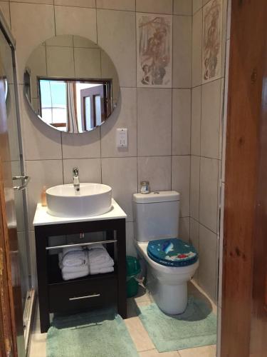 a bathroom with a sink and a toilet and a mirror at Central Hotel Guest House in Simonʼs Town