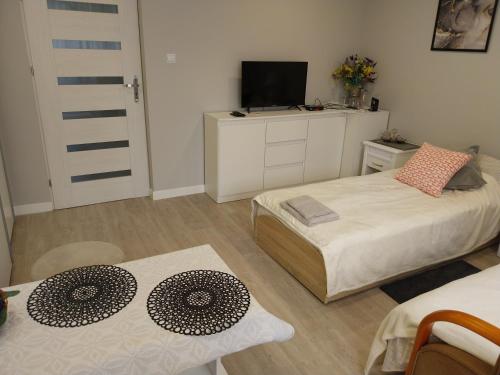 a small room with two beds and a television at Pokoje gościnne Słupy Olsztyn - parking in Olsztyn