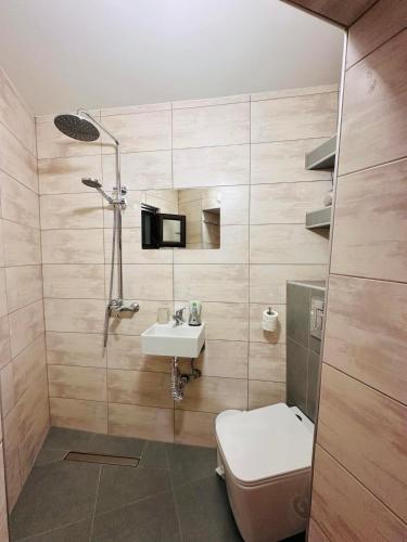 a bathroom with a sink and a toilet and a shower at Villa Antoaneta in Panagia