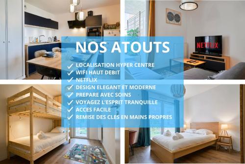 un collage de trois photos d'une chambre avec un lit dans l'établissement La Bibliothèque - Les Demeures d'Adrien, à Lille