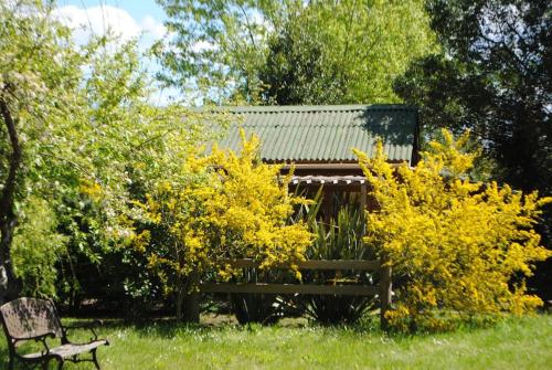 un banc et des fleurs devant un bâtiment dans l'établissement Charmant chalet en bois, à Vielle-Saint-Girons