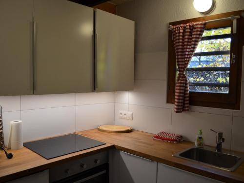 une cuisine avec un évier et une fenêtre dans l'établissement Chalet 6 pers à Châtel, proche centre et remontées, terrasse et équipements modernes - FR-1-676-135, à Châtel