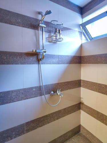 a shower in a bathroom with brown and white stripes at The View Apartment in Plovdiv
