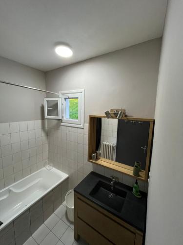 une salle de bain avec un lavabo, une baignoire et des toilettes dans l'établissement Maison au bord du lac, à Saint-Étienne-Cantalès