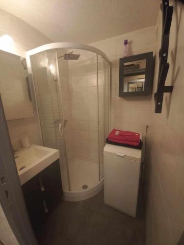 une salle de bain avec une douche, des toilettes et un lavabo dans l'établissement Villa Village Naturiste Cap d'Agde, au Cap d'Agde