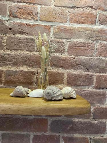 a vase with a flower and three shells on a shelf at LvApart вул Ковжуна 2 кім ізол кухня студія звітні документи in Lviv