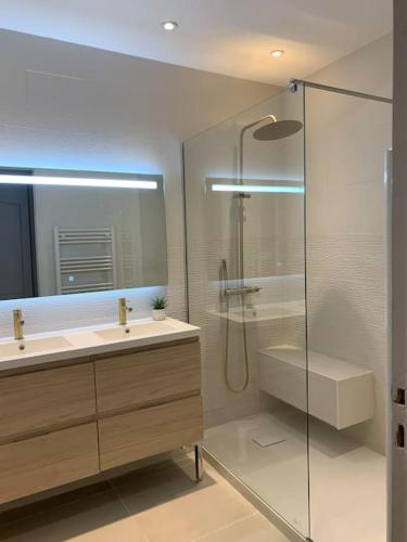 La salle de bains est pourvue d'une douche en verre, d'un lavabo et d'une baignoire. dans l'établissement Appartement vue sur mer La Joliette, à Marseille