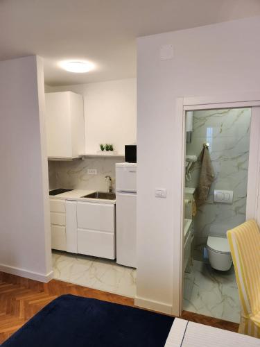 a white kitchen with a sink and a toilet at Vila DORA - Studio Dora in Martinšćica