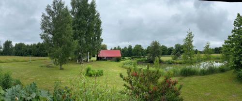 a garden with a red roof next to a pond at Home of Koknese in Koknese