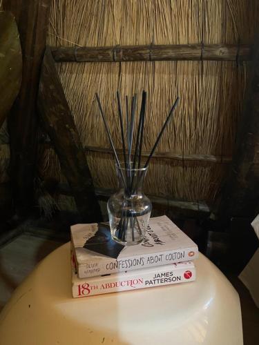 a glass vase sitting on top of two books at Sweet Melody Tree House in Gaborone